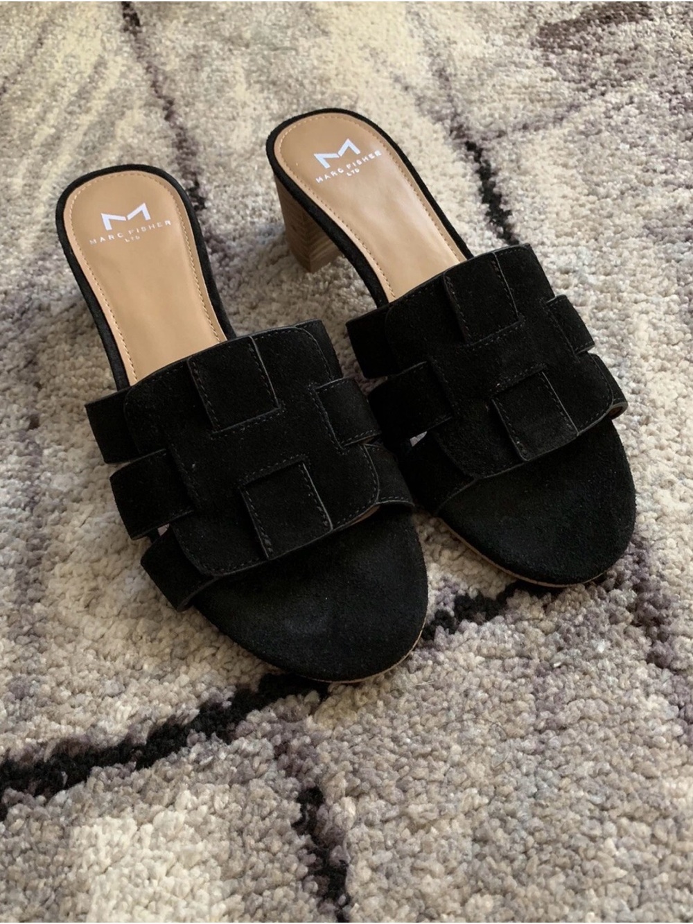 Marc Fisher Black Suede Woven Slide Sandals